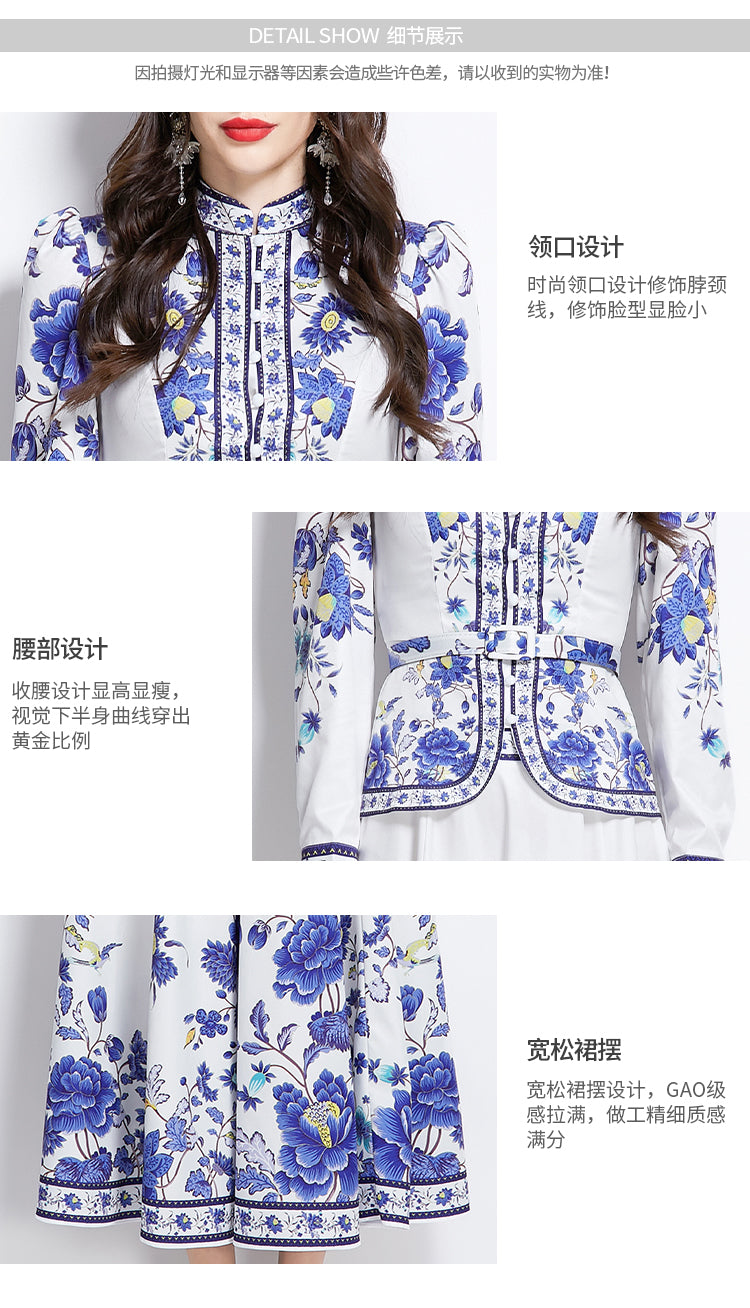 Original design for spring and summer ethnic style shirt top mid length skirt set