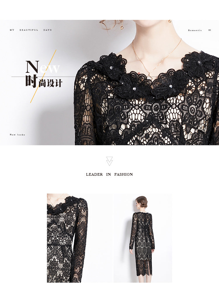Original design for spring and summer water-soluble lace V-neck slim fit mid length dress for women