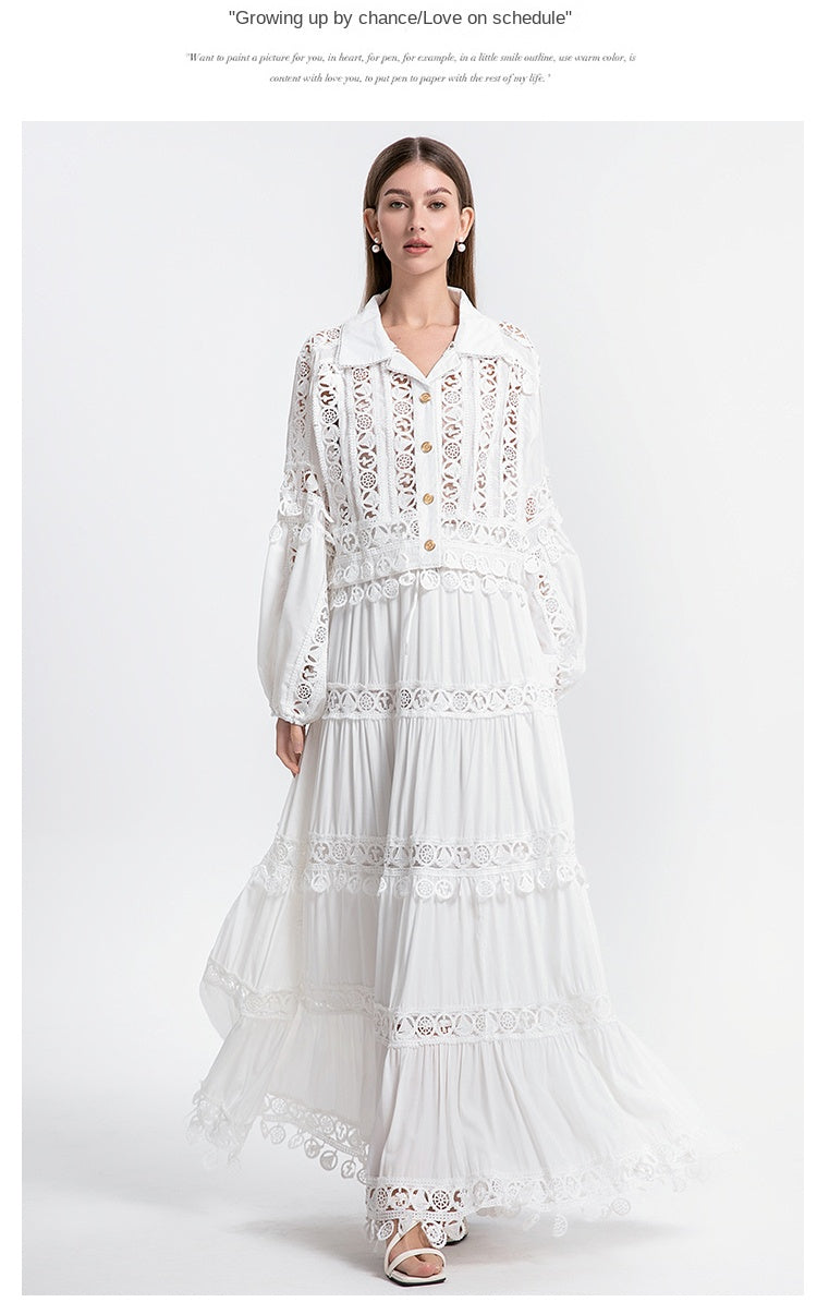Meizhonggong boutique cut-out lapel lace stitched pendant lace maxi skirt set