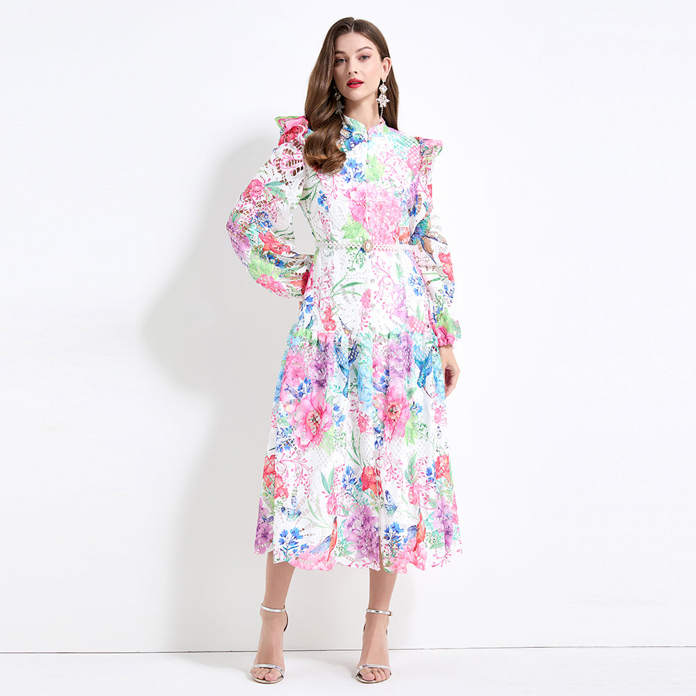 Original design - Spring/Summer vintage stand collar floral print heavy industry water-soluble long waist lace dress