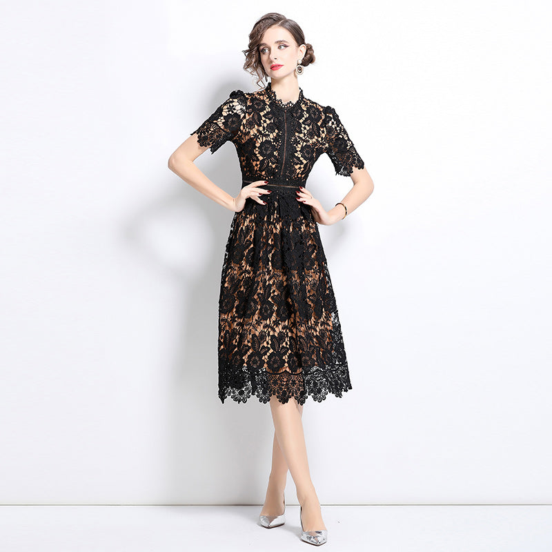 Original design short sleeved slimming hollow out water-soluble lace positioning mid length dress
