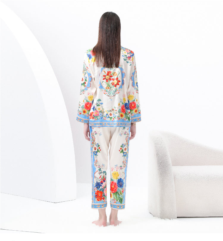 Original design spring/summer-autumn - casual trim pajama suit set with a suit collar long sleeves trousers print 2-piece set