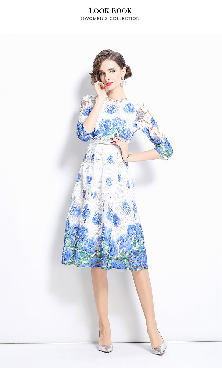 Original design mid long sleeved fashionable slimming hollow out water-soluble lace positioning mid length dress