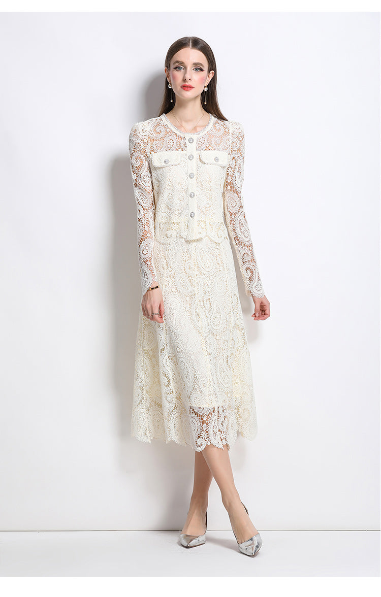 Real shot spot8583# New Style Chanel-Inspired Set Light Luxury High-End Water-Soluble Lace Skirt Two-Piece Set
