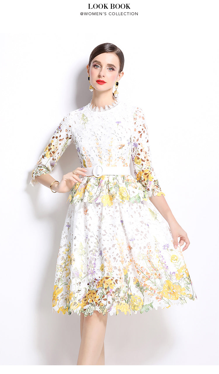 Original design mid long sleeved fashionable slimming hollow out water-soluble lace positioning mid length dress