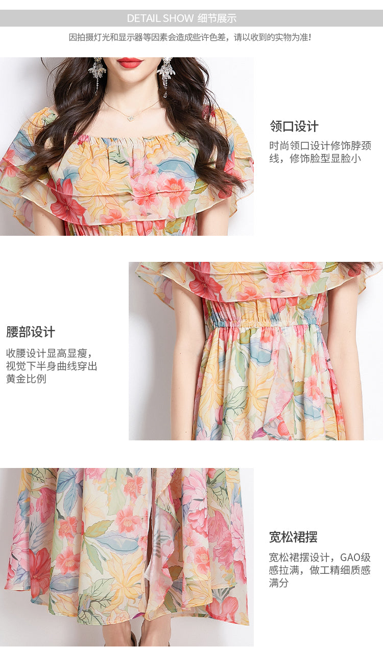 Original design for spring and summer new style with ruffled edge, one piece collar, waist cinched, big swing beach skirt, split chiffon dress