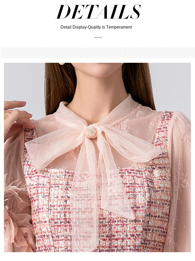 Original design: spring, summer, autumn, art lace stitching, colored tweed, small fragrance, big bow, ostrich feather dress