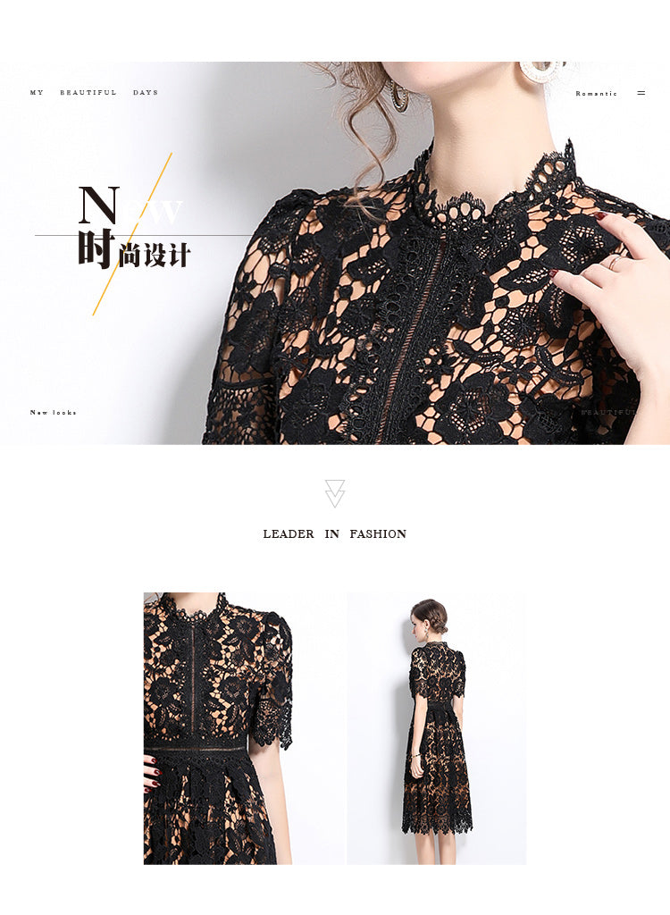 Original design short sleeved slimming hollow out water-soluble lace positioning mid length dress