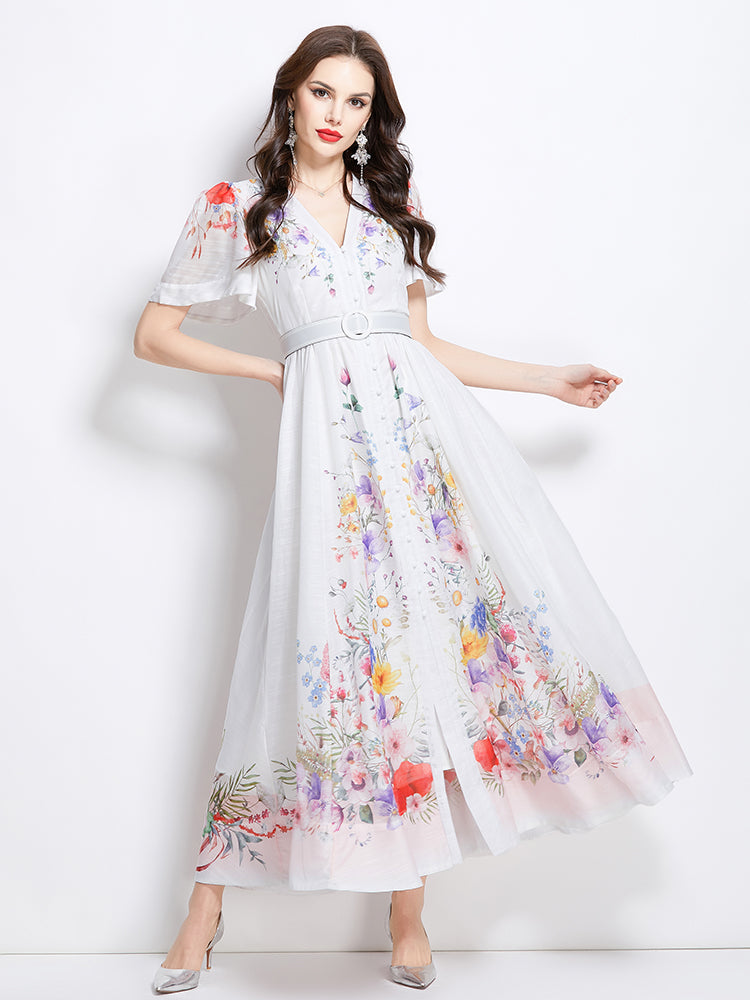 Original Design Spring/Summer Watercolor Flower Short Sleeve Retro Long Dress