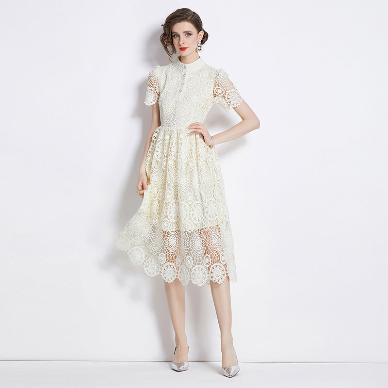 Original design niche dress new style temperament, waist cinching and slimming, hollow out water-soluble lace long skirt