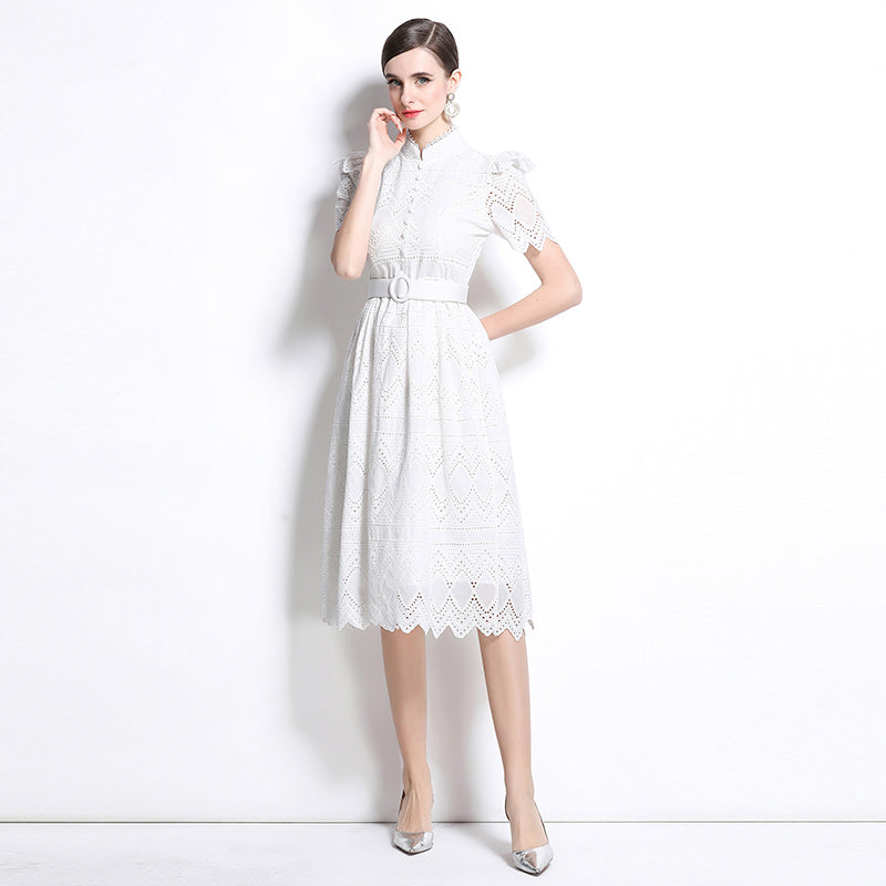 Original design elegant patchwork waist cinching short sleeved dress