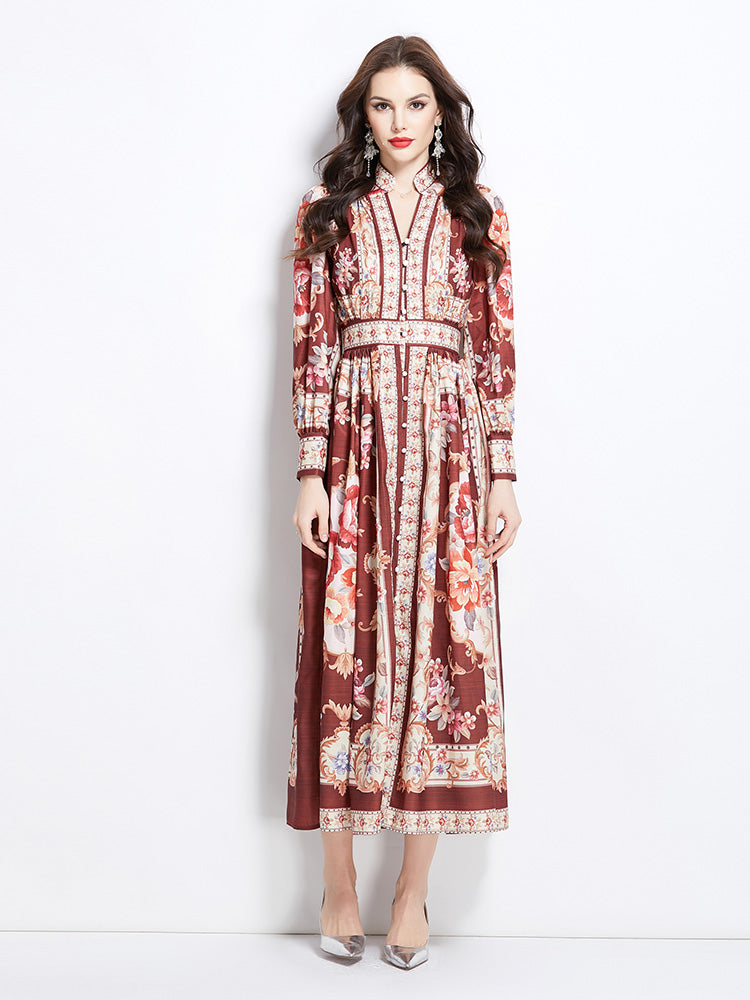 Original Design Spring/Summer Classical Palace Style Printed Flower Bouquet Waist Single breasted Long Dress