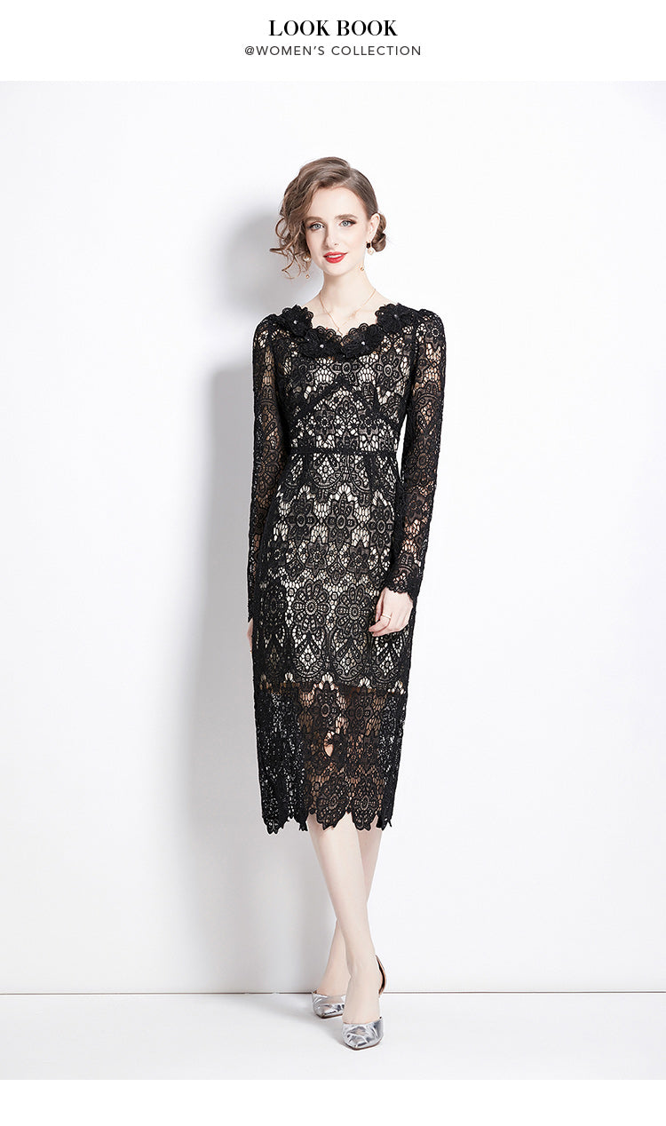 Original design for spring and summer water-soluble lace V-neck slim fit mid length dress for women