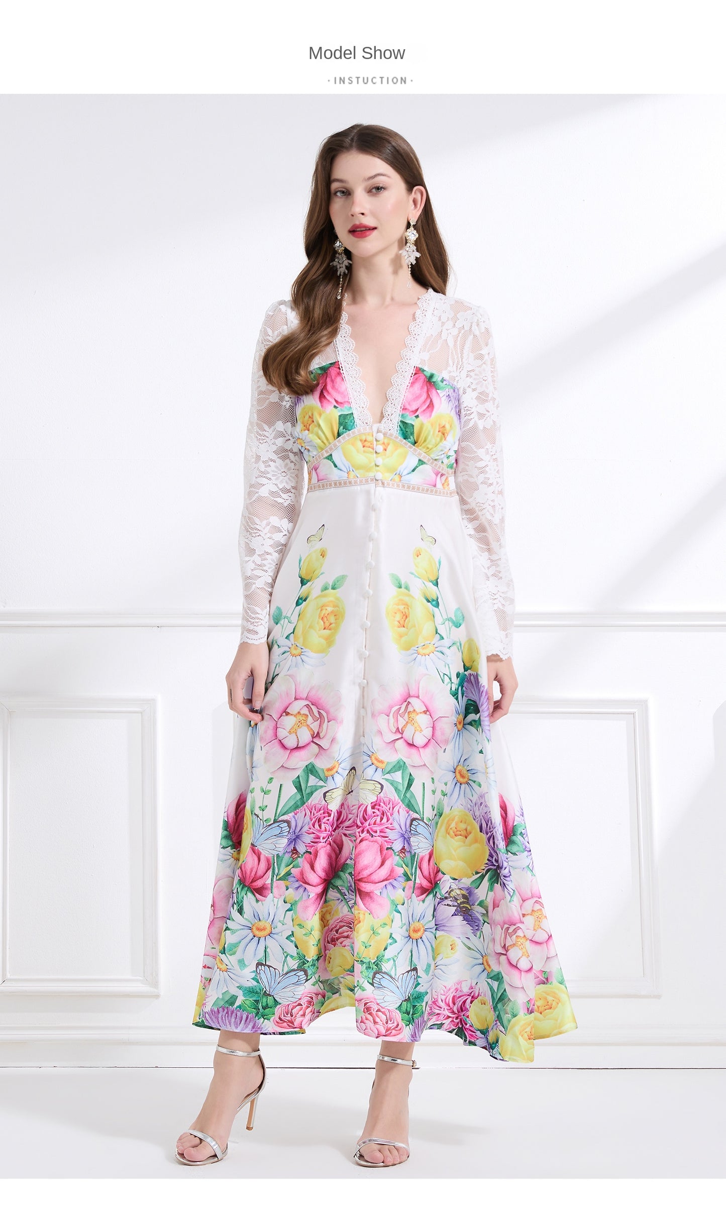 Original design - spring and summer resort style lace patchwork print waist maxi skirt ruffle dress