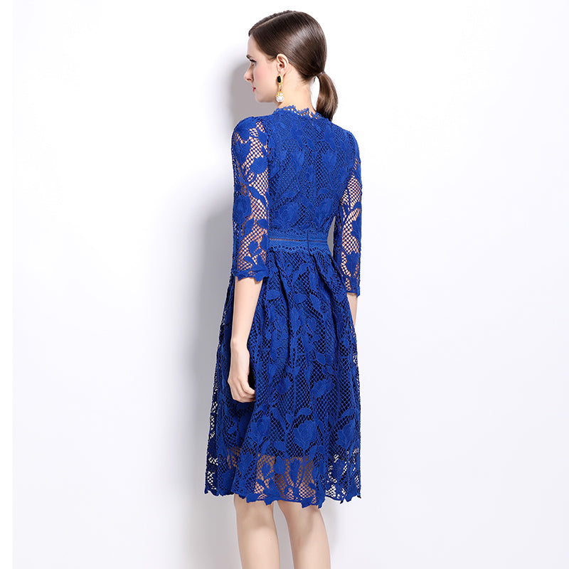 Original design mid long sleeved fashionable slimming hollow out water-soluble lace positioning mid length dress