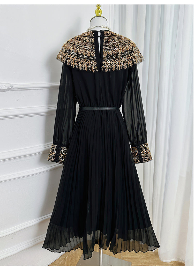 Original design premium pleated belt with gold beaded sequins draped over a chiffon pleated jumpsuit