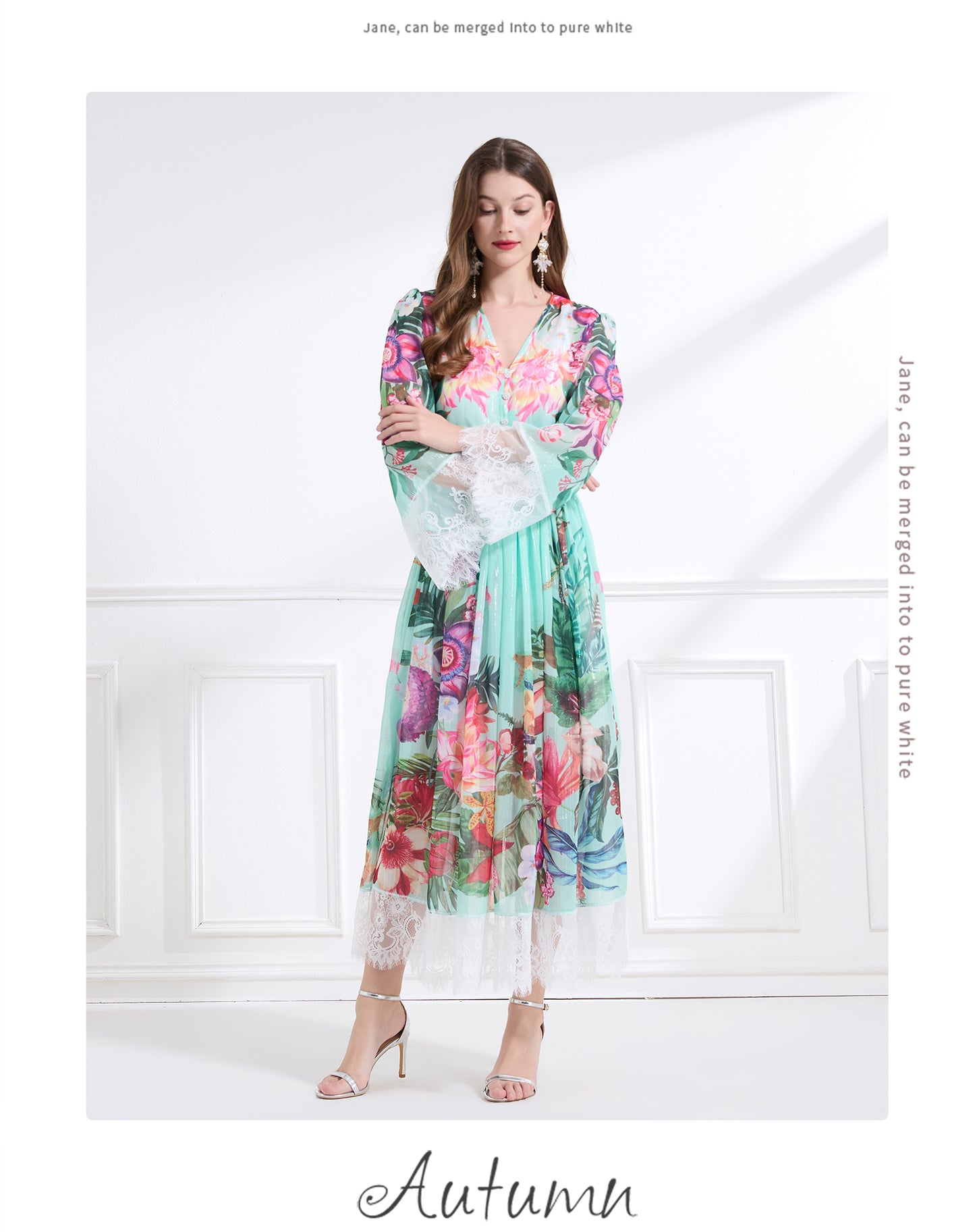 Original design: resort-style V-neck lace print suit, waist-cinching ruffled maxi dress