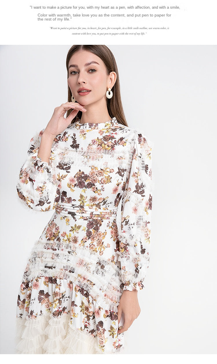 Artwork boutique print patchwork mesh fungus trimmed French court-style women's dress