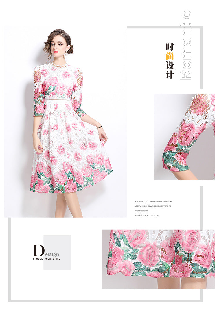 Original design mid long sleeved fashionable slimming hollow out water-soluble lace positioning mid length dress
