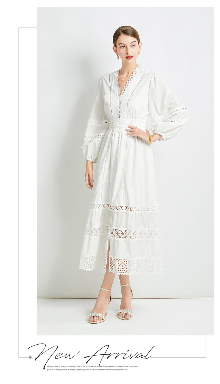 Original design fashionable temperament V-neck patchwork lace hollow out design sense long sleeved waist cinching dress