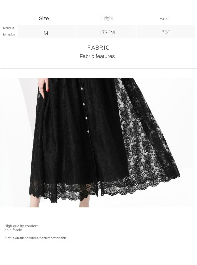 Original design: spring, summer, autumn resort, lapel, embroidered lace, balloon sleeve lace, long vintage dress