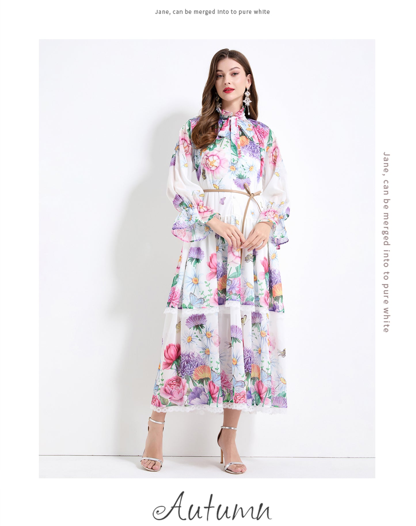 Original design - spring and summer fake lace cake skirt floral print waist ruffle skirt