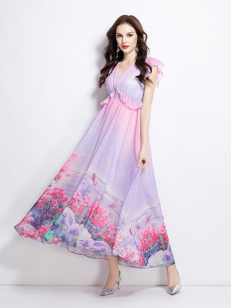Original Design Spring/Summer Retro Flower Little Fly Sleeve Long Dress