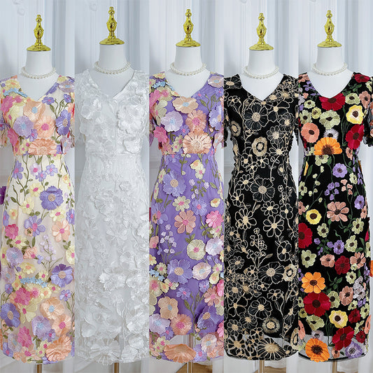 Art embroidery boutique color hand-ordered vintage V-neck slit wrap hip dress