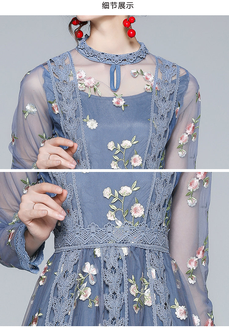 Original Design Heavy Industry Fine Embroidery Mesh French Long Style Super Fairy Sweet Dress