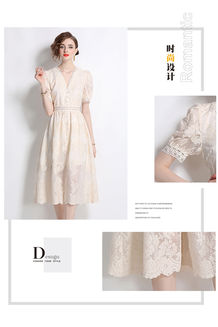 Original Design: Spring/Summer Embroidered V-neck Dress with Lace and Lace Charm Slimming Skirt