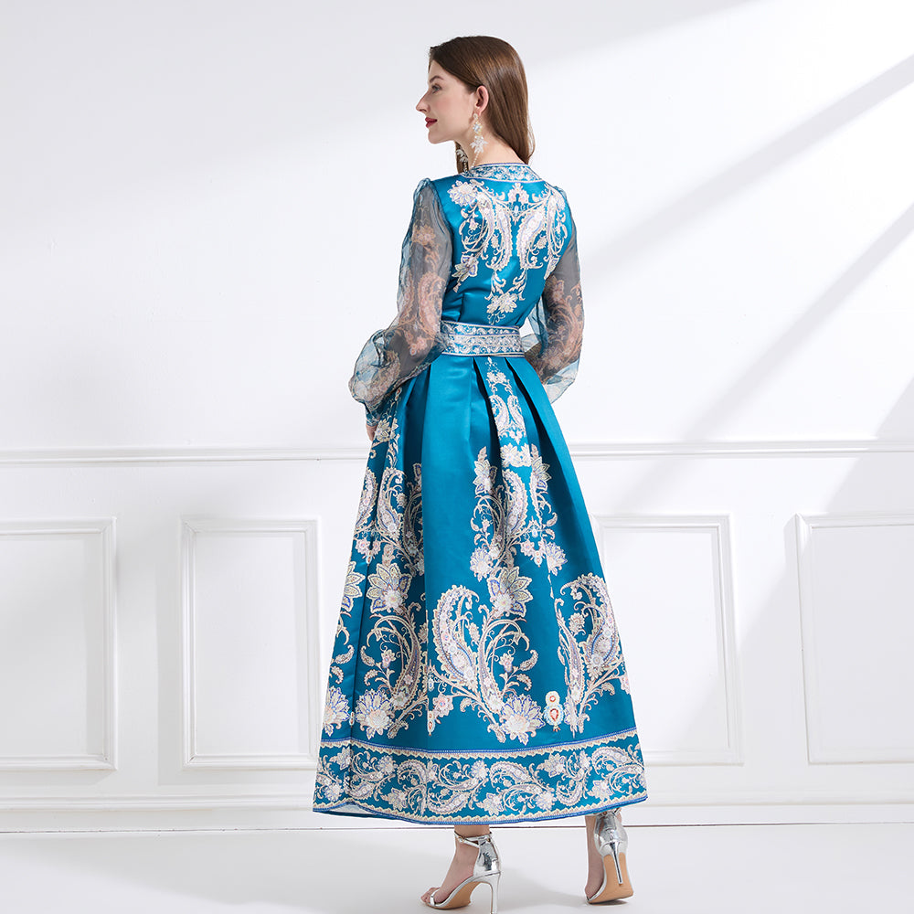 Original design - spring and summer resort style lace patchwork print waist maxi skirt ruffle dress