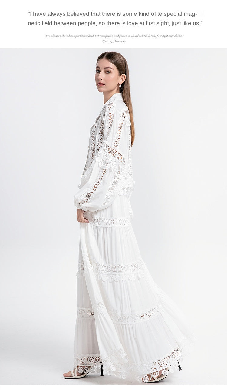 Meizhonggong boutique cut-out lapel lace stitched pendant lace maxi skirt set