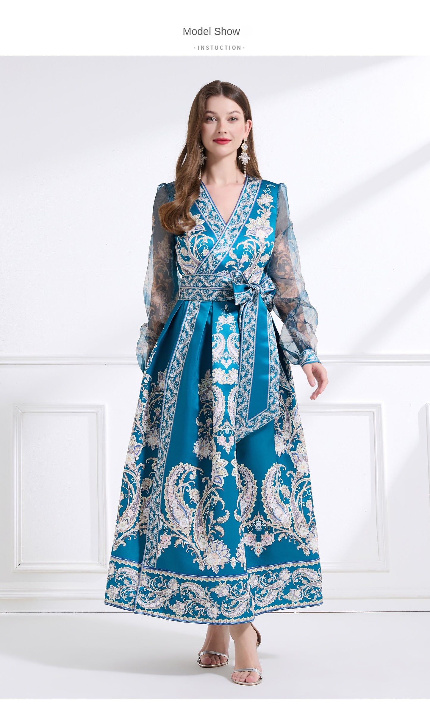Original design - spring and summer resort style lace patchwork print waist maxi skirt ruffle dress