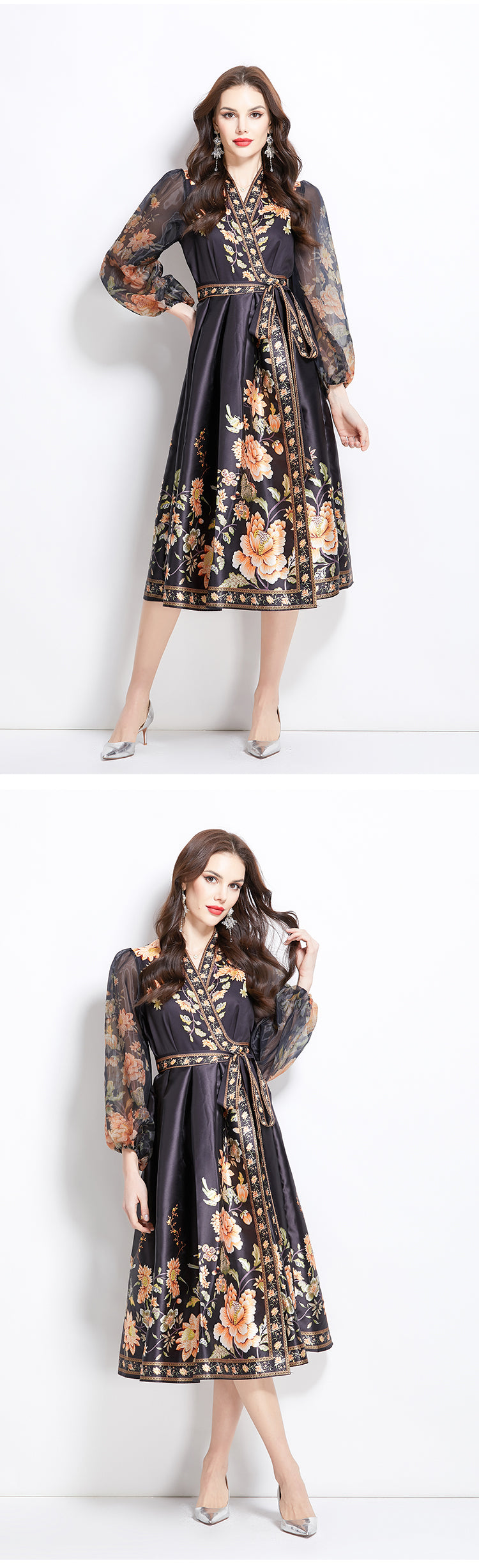 Original design for spring and summer V-neck ethnic style printed satin wrapped long length dress