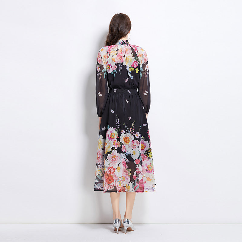 Original Design Spring Summer Autumn Vacation Lantern Sleeve Chiffon Shirt High Waist Half Skirt Two Piece Set