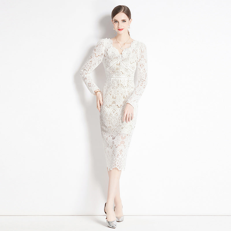Original design for spring and summer water-soluble lace V-neck slim fit mid length dress for women