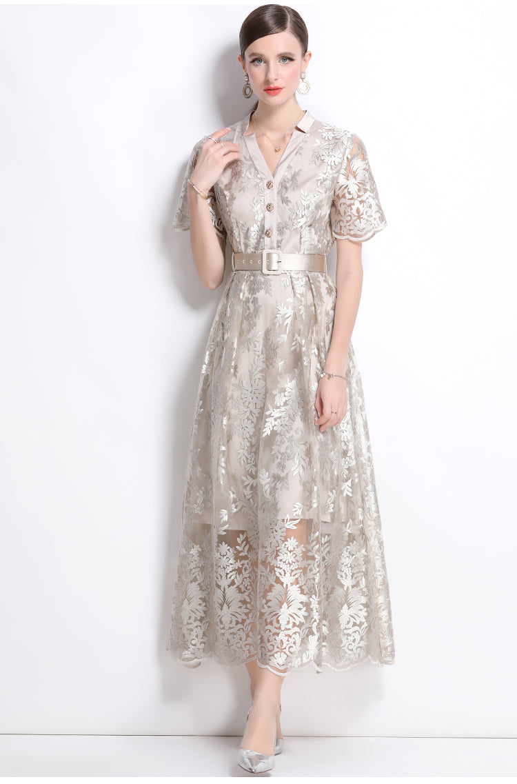 Original design mesh embroidered long dress with pockets, V-neck slim fit dress and belt