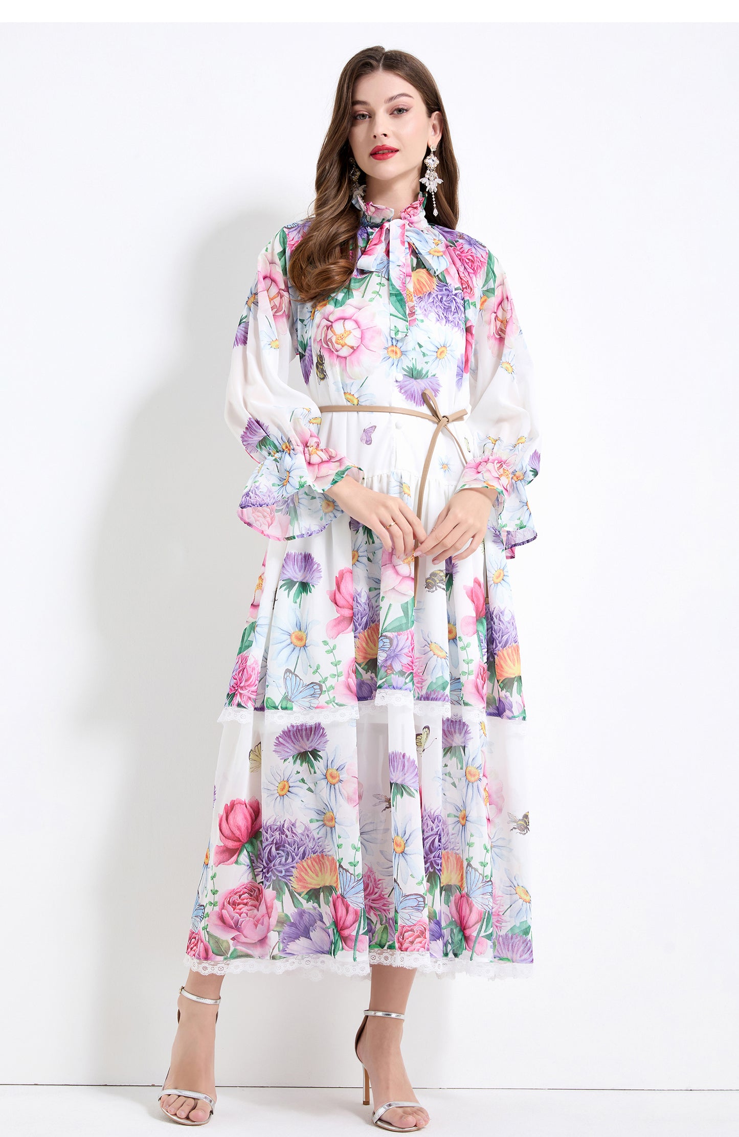 Original design - spring and summer fake lace cake skirt floral print waist ruffle skirt