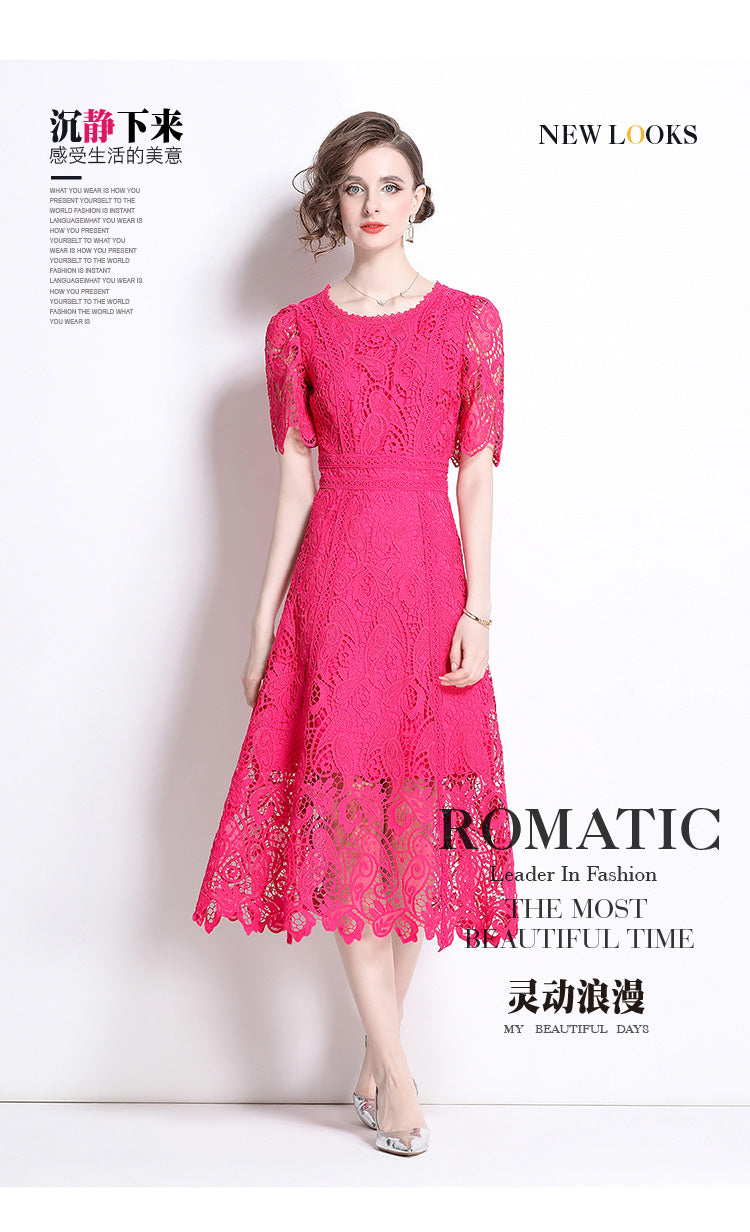 Original design temperament short sleeved skirt slim fit waist cinching heavy industry water-soluble lace dress for women