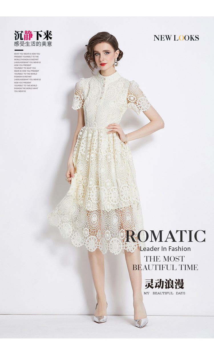 Original design niche dress new style temperament, waist cinching and slimming, hollow out water-soluble lace long skirt
