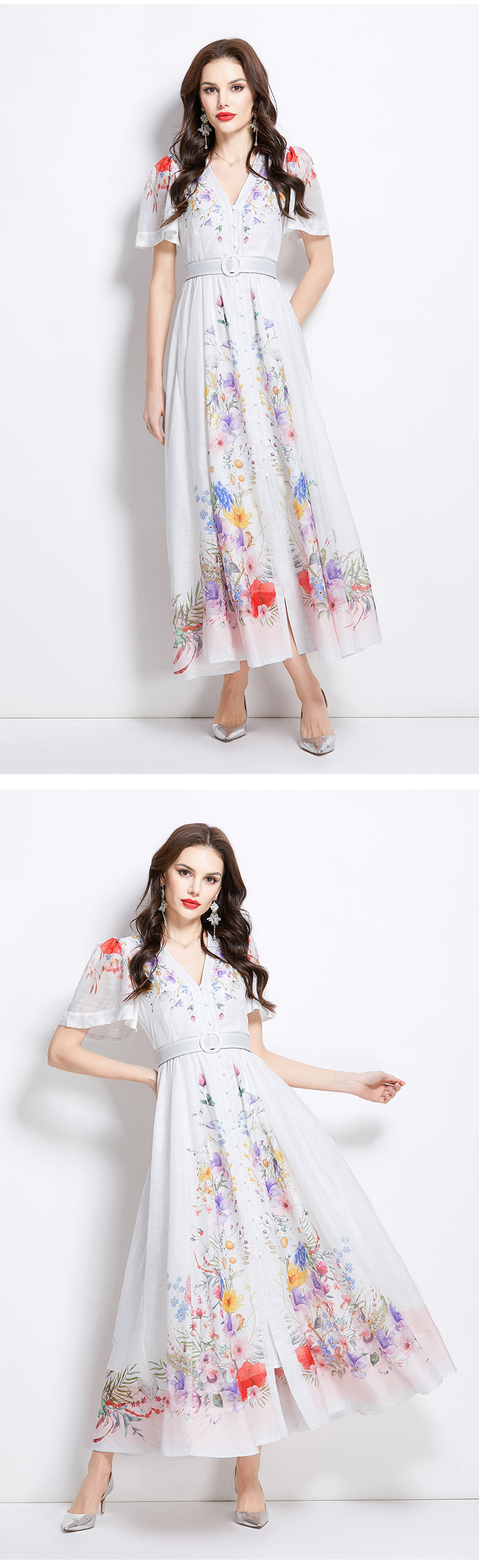 Original Design Spring/Summer Watercolor Flower Short Sleeve Retro Long Dress