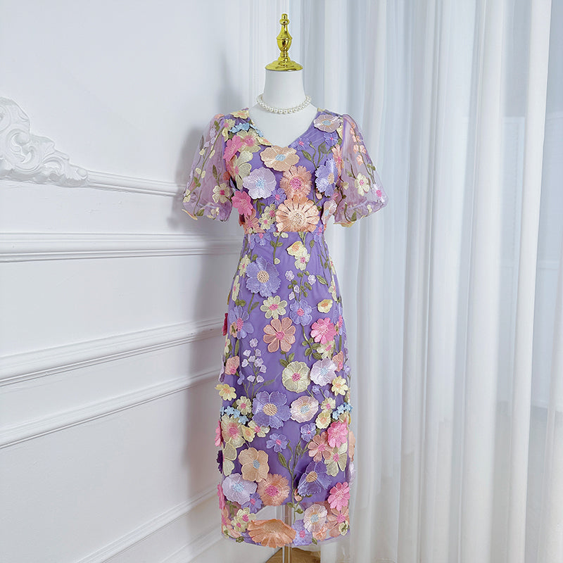 Art embroidery boutique color hand-ordered vintage V-neck slit wrap hip dress