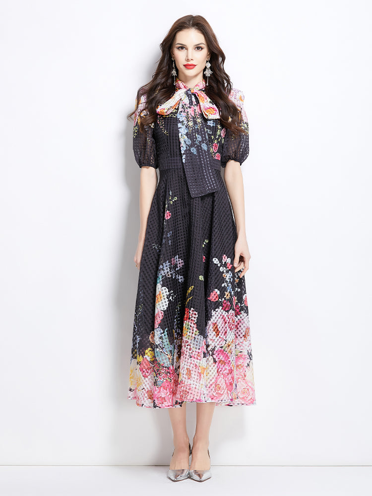 Original Design Spring/Summer Vacation New Oil Painting Flower Bubble Sleeve Medium length Dress