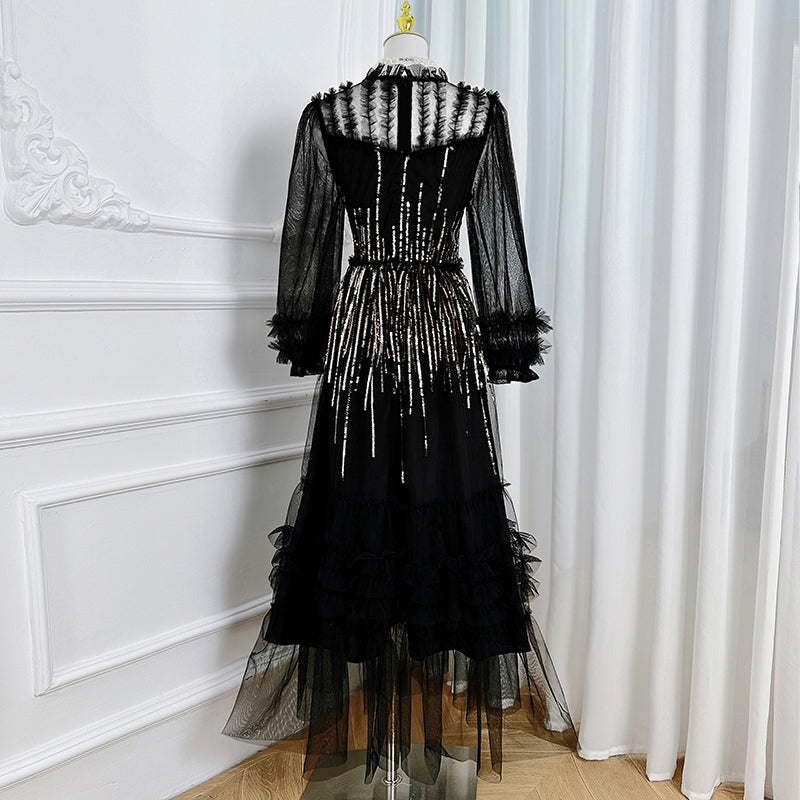 Original Design Heavy Industry Embroidered Glitter Mesh Splicing Black Fungus Edge Temperament Dress