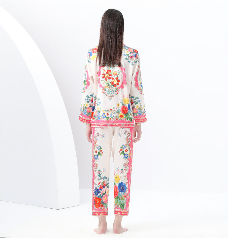 Original design: Spring, Summer, Autumn, Casual Trim, Pajama Set, Suit Collar, Long Sleeves, Long Pants, Printed Two-Piece Set