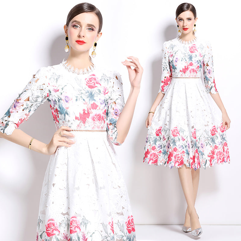 Original design mid long sleeved fashionable slimming hollow out water-soluble lace positioning mid length dress