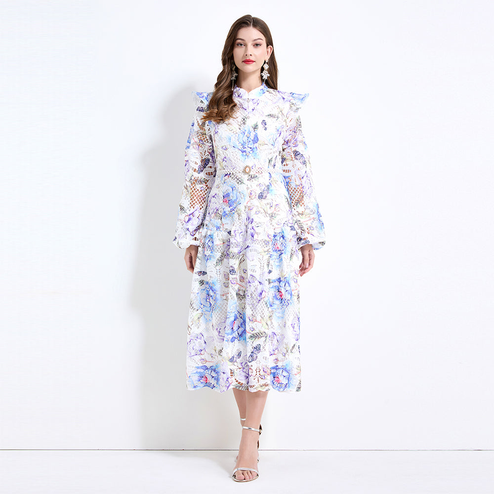 Original design - Spring/Summer vintage stand collar floral print heavy industry water-soluble long waist lace dress
