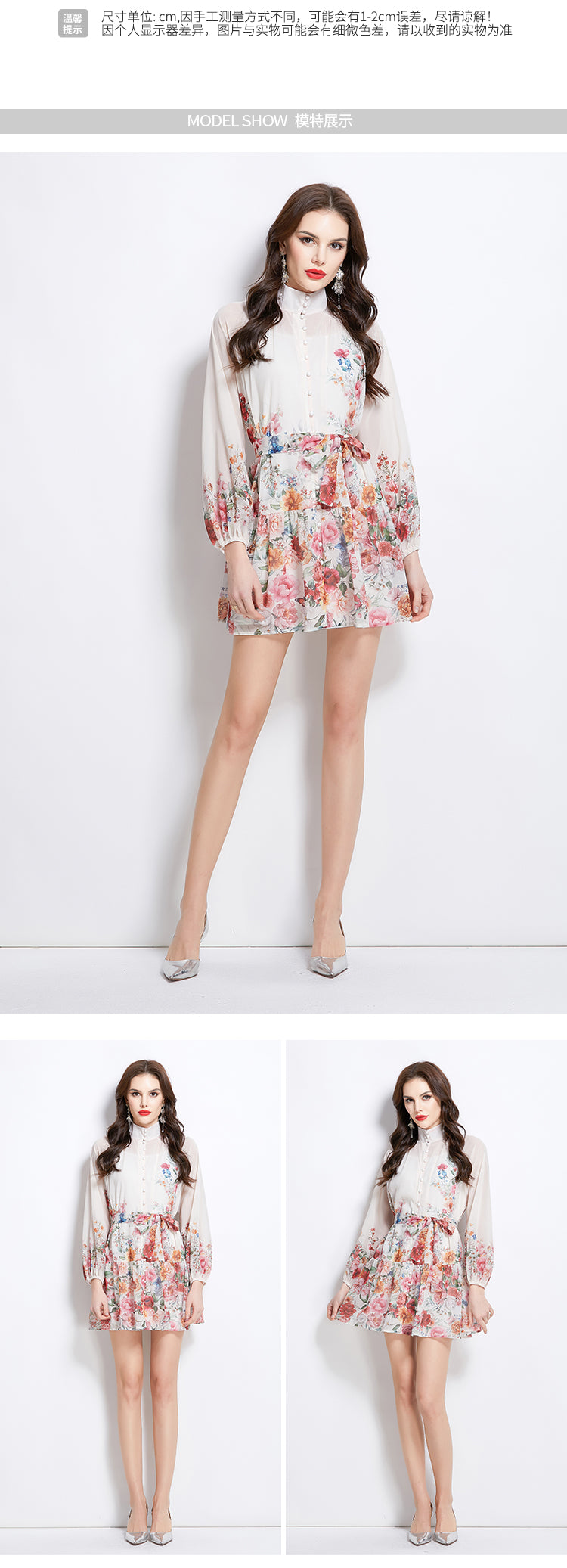 Original design for spring and summer vacation, new floral oil painting style stand up collar short dress