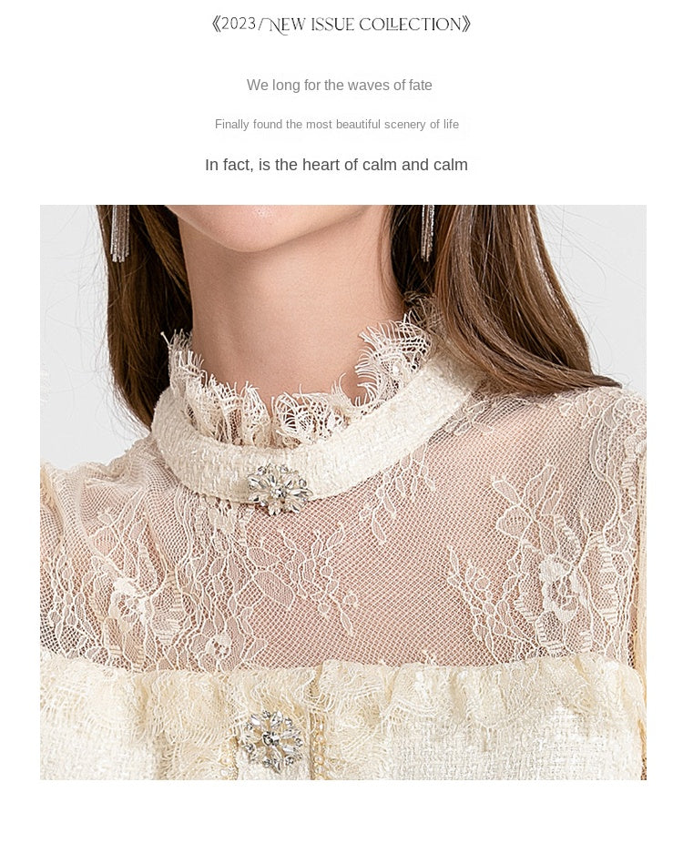 Original design women's heavy industry coarse tweed splicing mesh cake skirt crystal tassel temperament fairy