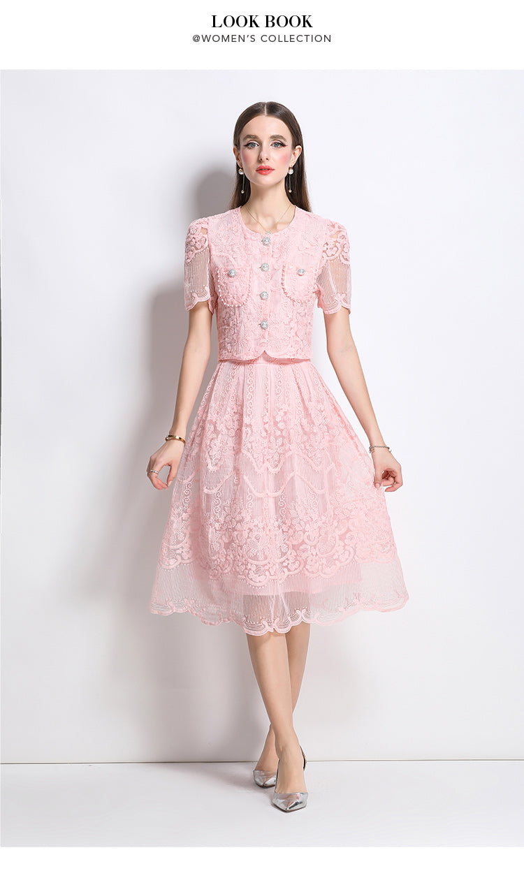 Original design for spring and summer small fragrance style set light luxury and high-end water-soluble lace skirt two-piece set